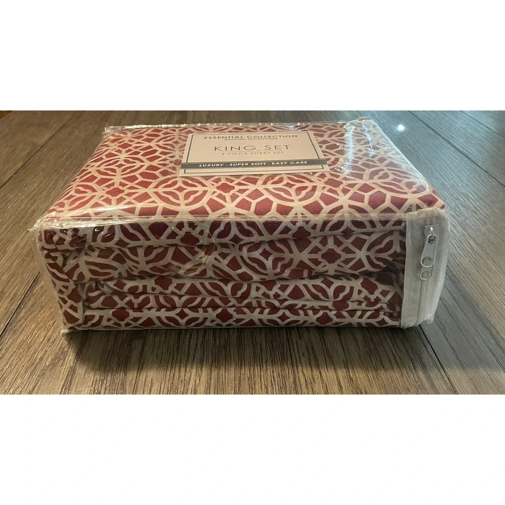 Essential Collection King Sheet Set Burgundy White Geometric Microfiber 4pc